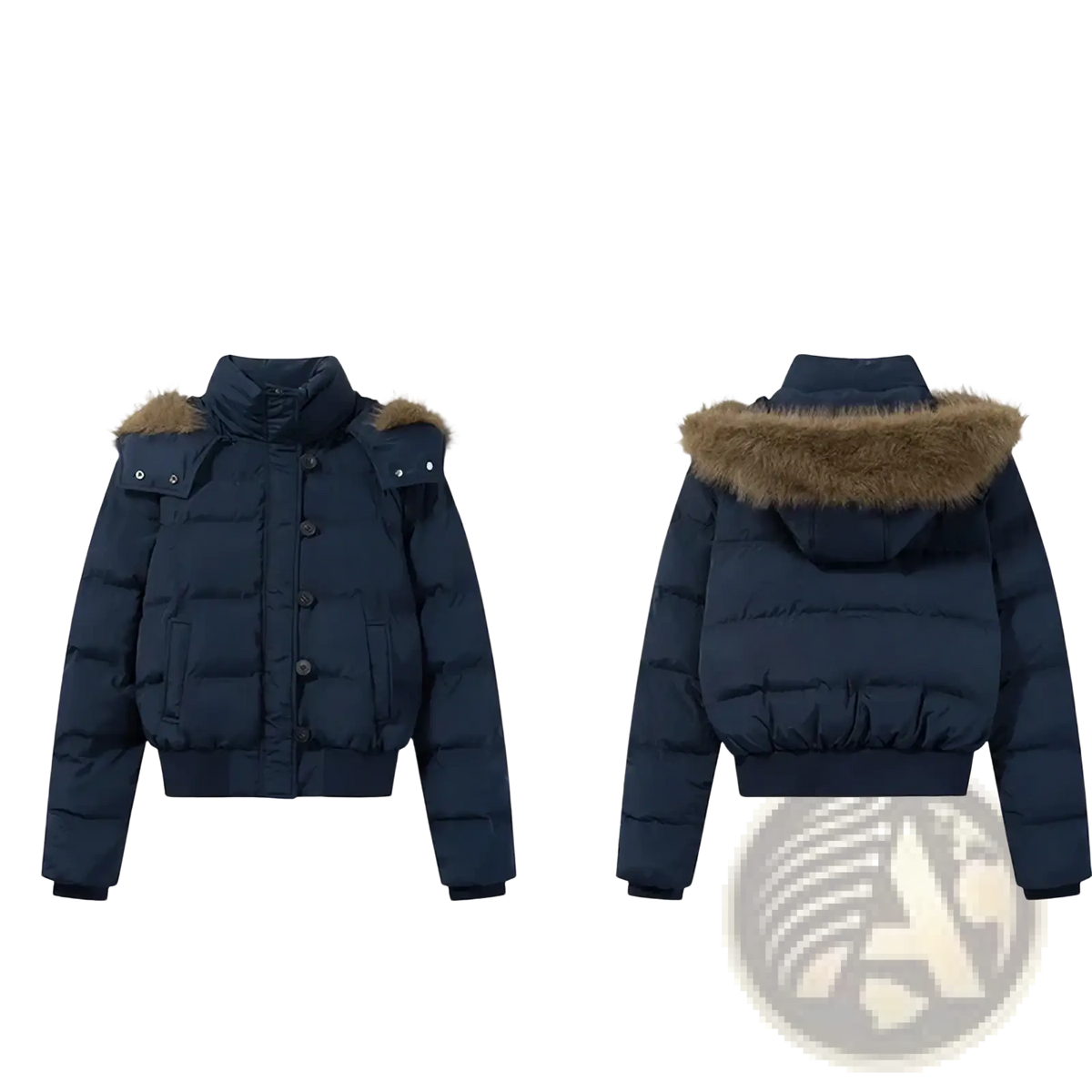 Dark navy women winter puffer jacket with fur-lined hood and front button closure for cold weather wear