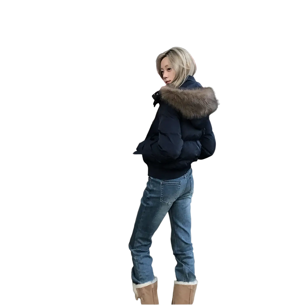 Navy blue women winter puffer jacket with fur-lined hood designed for cold weather use