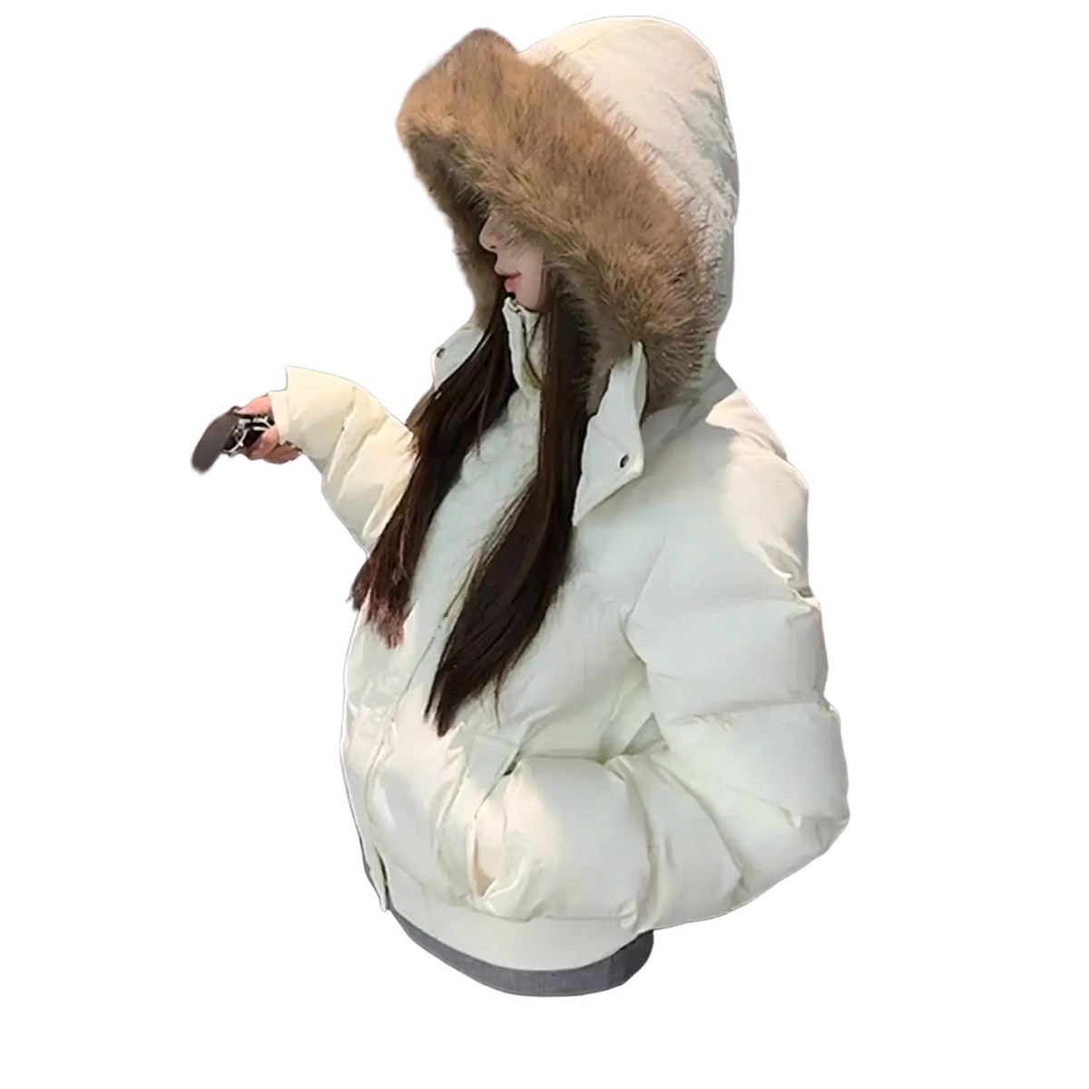 Off-white women winter puffer jacket with fluffy brown fur-lined hood warm hooded parka for cold weather
