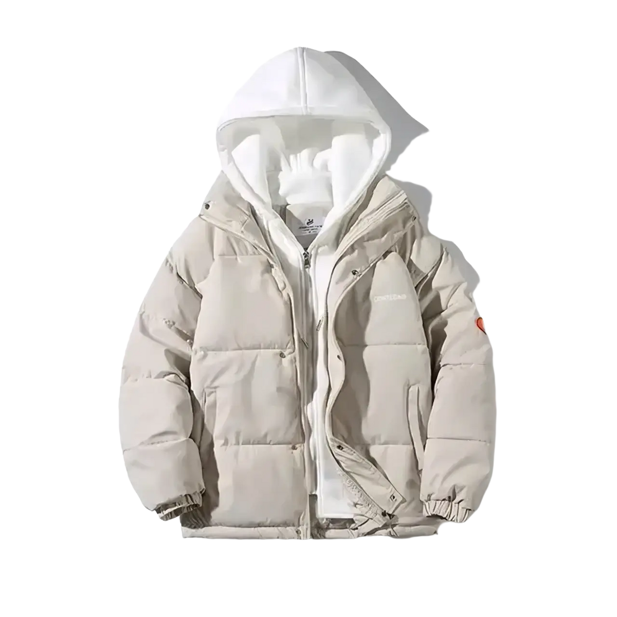 Beige women winter puffer jacket with white hood and subtle orange logo on sleeve casual hooded coat