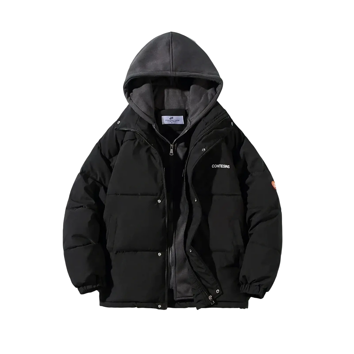 Women winter puffer jacket hooded casual coat black with dark gray fleece hood lining covites logo and orange sleeve patch