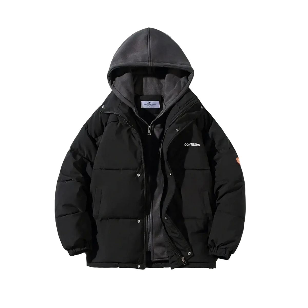Women winter puffer jacket hooded casual coat in black with dark gray interior lining and subtle white chest branding
