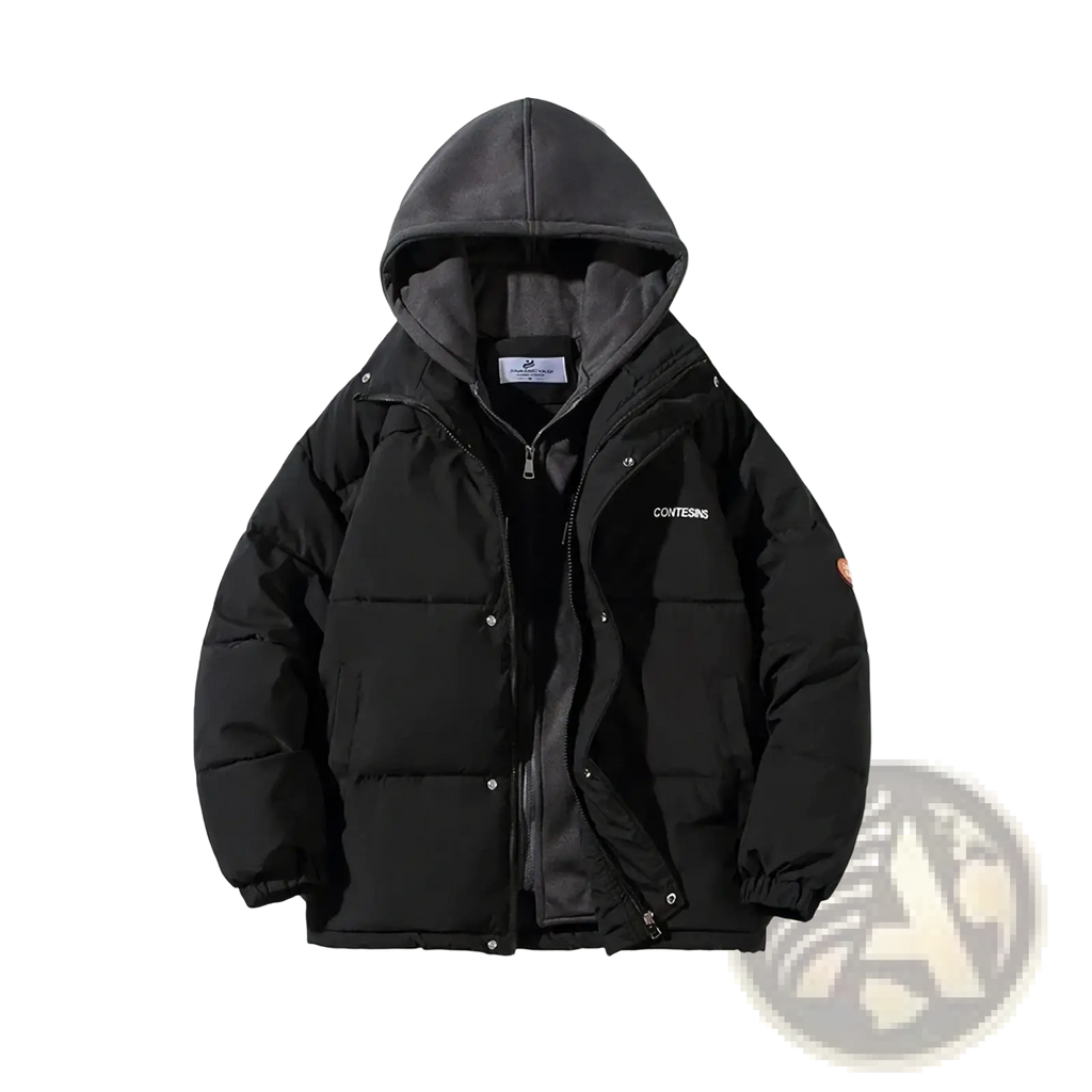 Women winter puffer jacket hooded casual coat in black with dark gray interior lining and subtle white chest branding