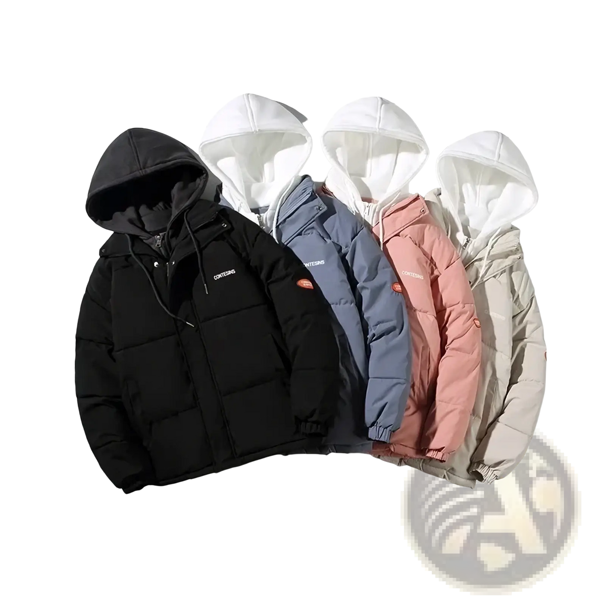 Black women winter puffer jacket with hood and white embroidered logo on chest for casual wear