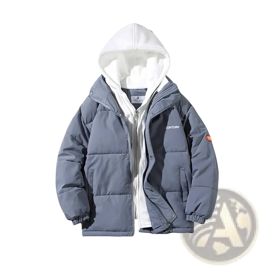 Women winter puffer jacket in gray with white hood quilted panels and subtle chest branding for casual wear