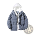Women winter puffer jacket in gray with white hood quilted panels and subtle chest branding for casual wear