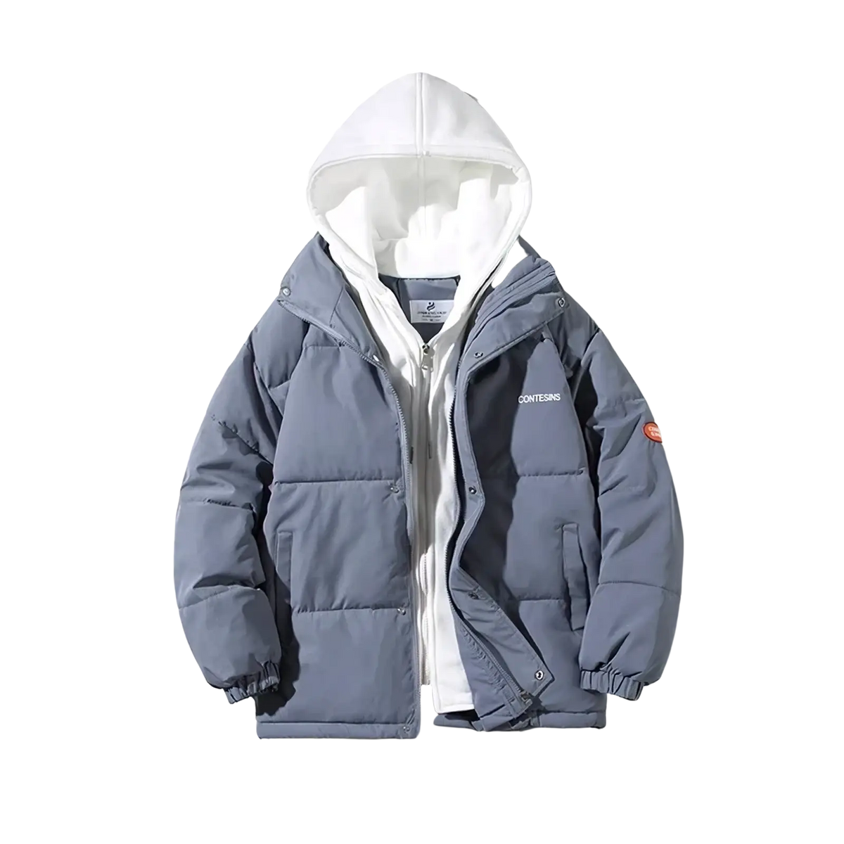 Women winter puffer jacket in gray with white hood quilted panels and subtle chest branding for casual wear