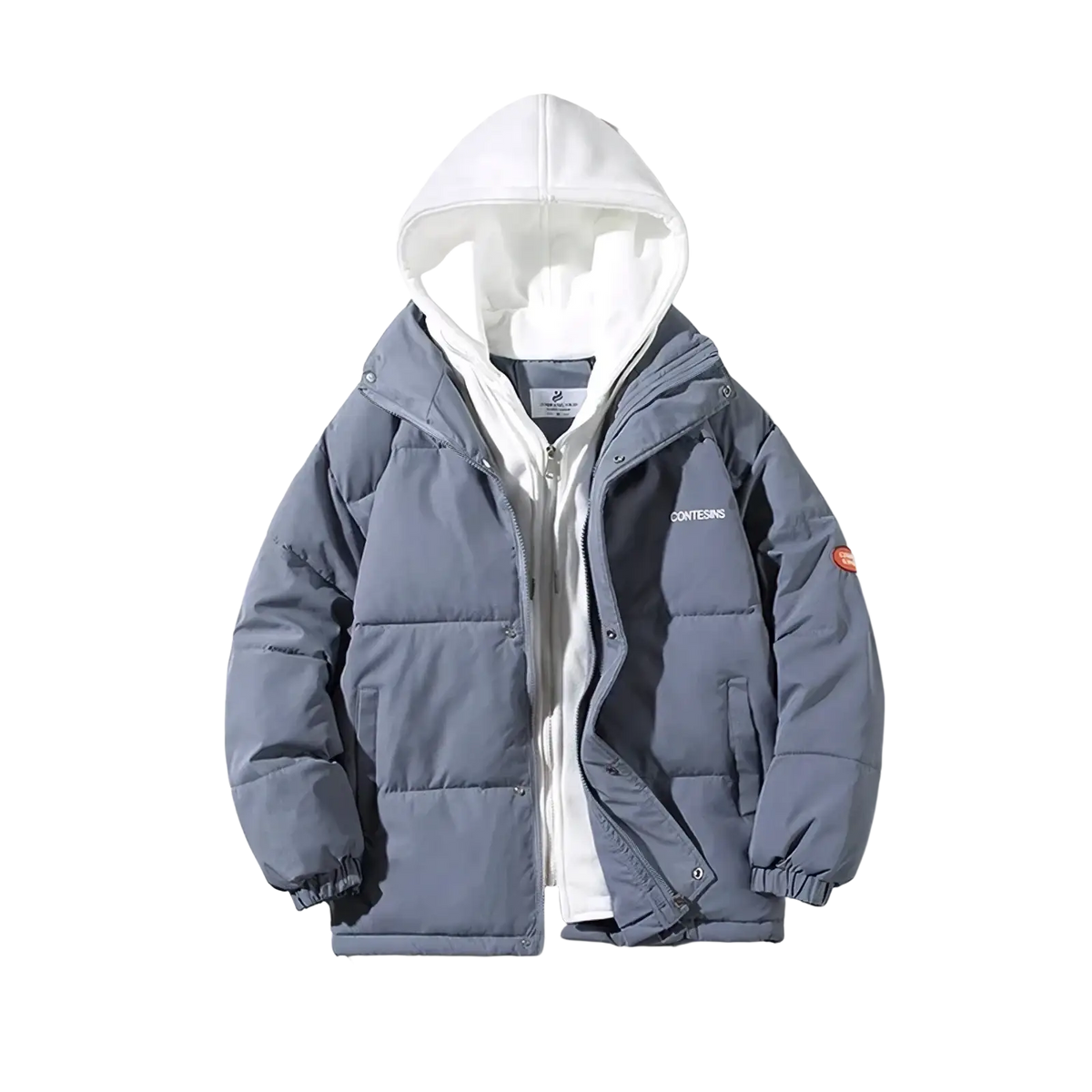 Women winter puffer jacket hooded casual coat in gray with white quilted hood and subtle branding on the chest