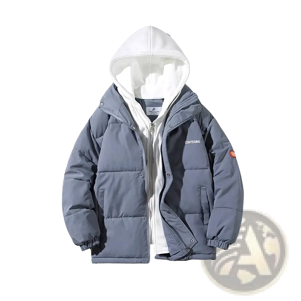 Women winter puffer jacket hooded casual coat in gray with white quilted hood and subtle branding on the chest