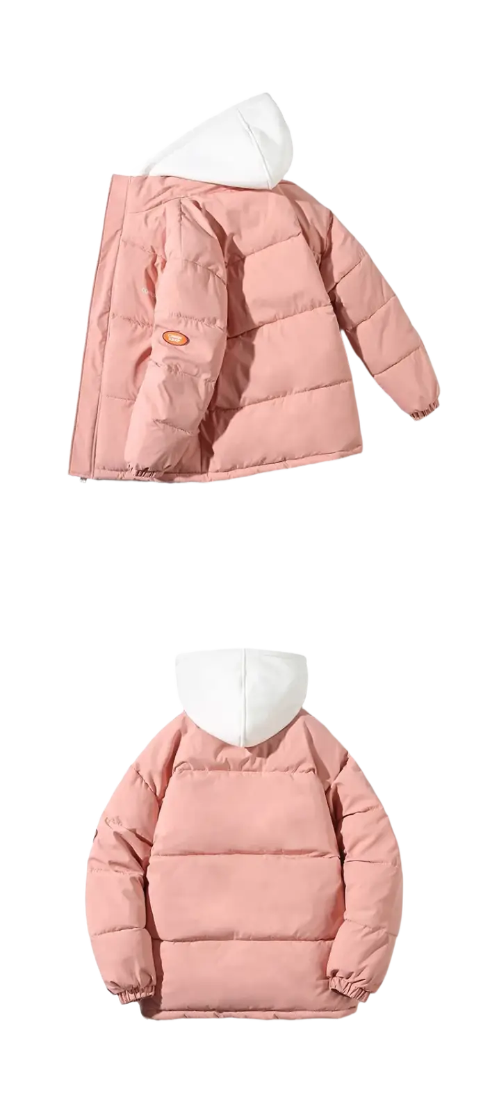 Pink women winter puffer jacket with white hood and quilted design for casual cold weather wear
