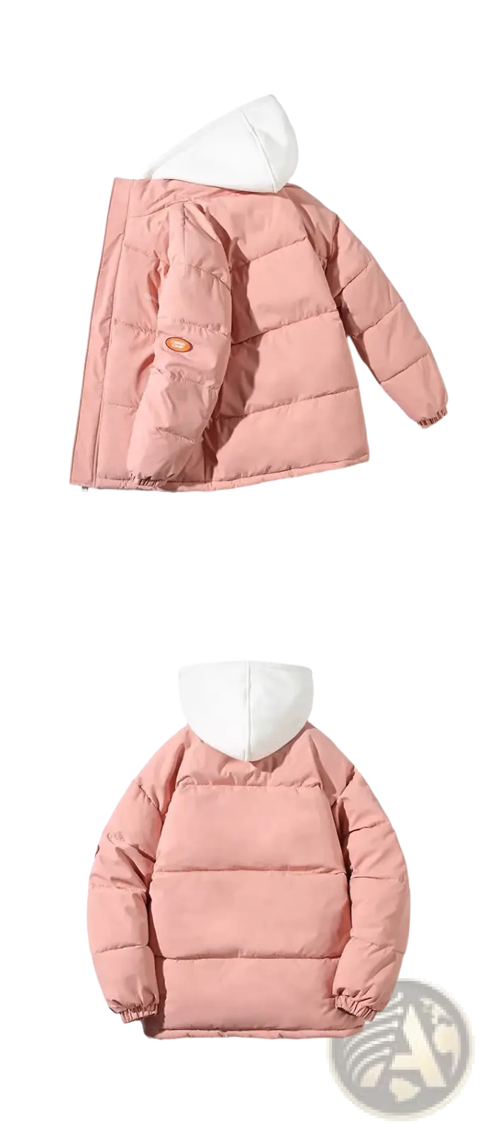 Pink women winter puffer jacket with white hood and quilted design for casual cold weather wear