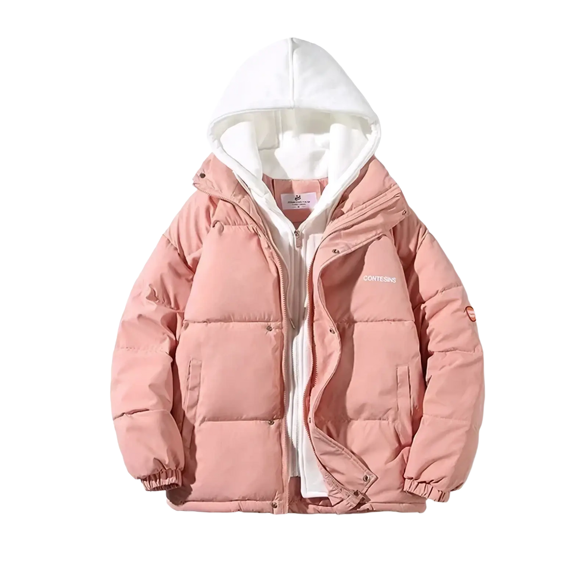 Women winter puffer jacket hooded casual coat in soft pink with white hood, quilted panels, and subtle chest branding