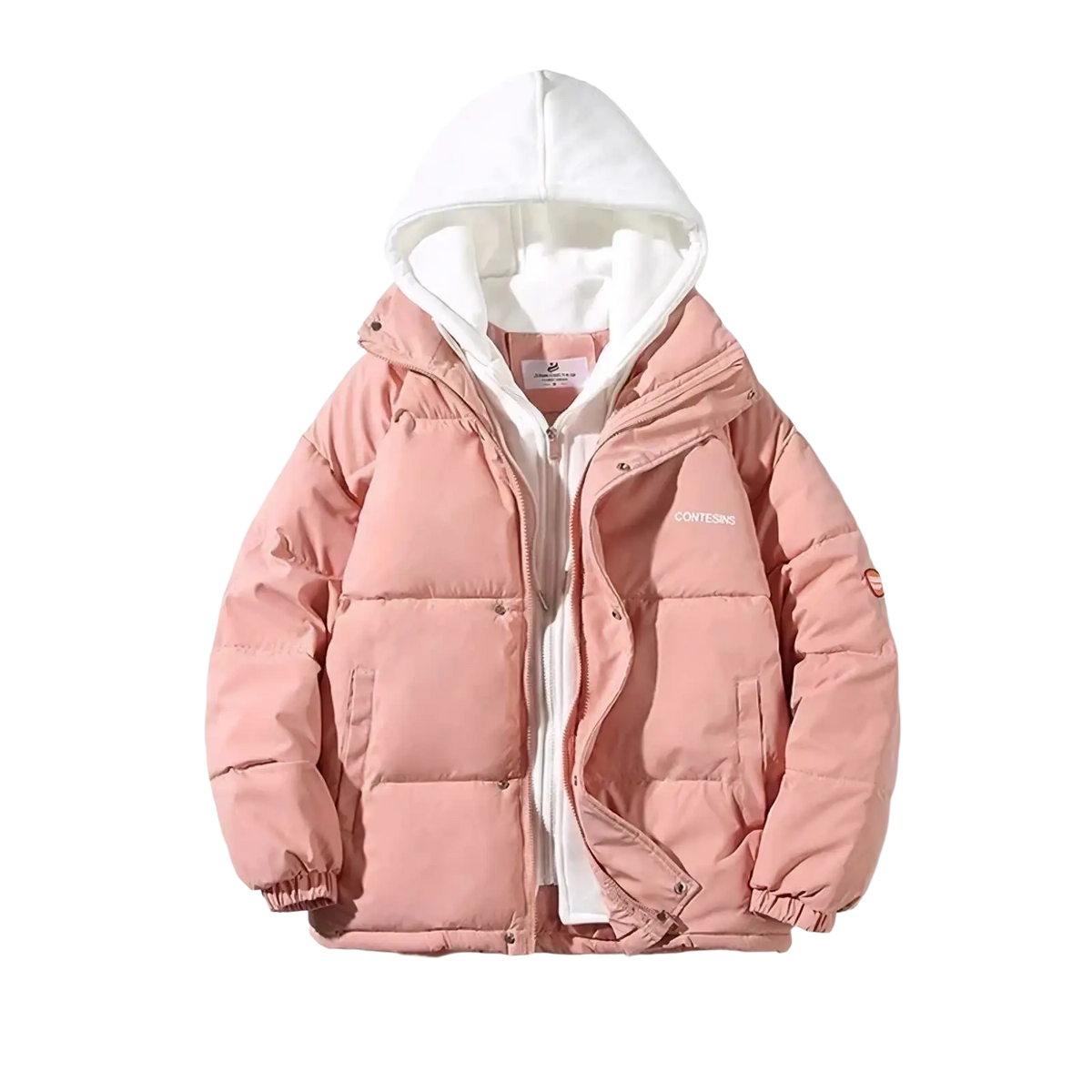 Women winter puffer jacket with hood in soft pink featuring quilted panels and white inner lining for casual wear