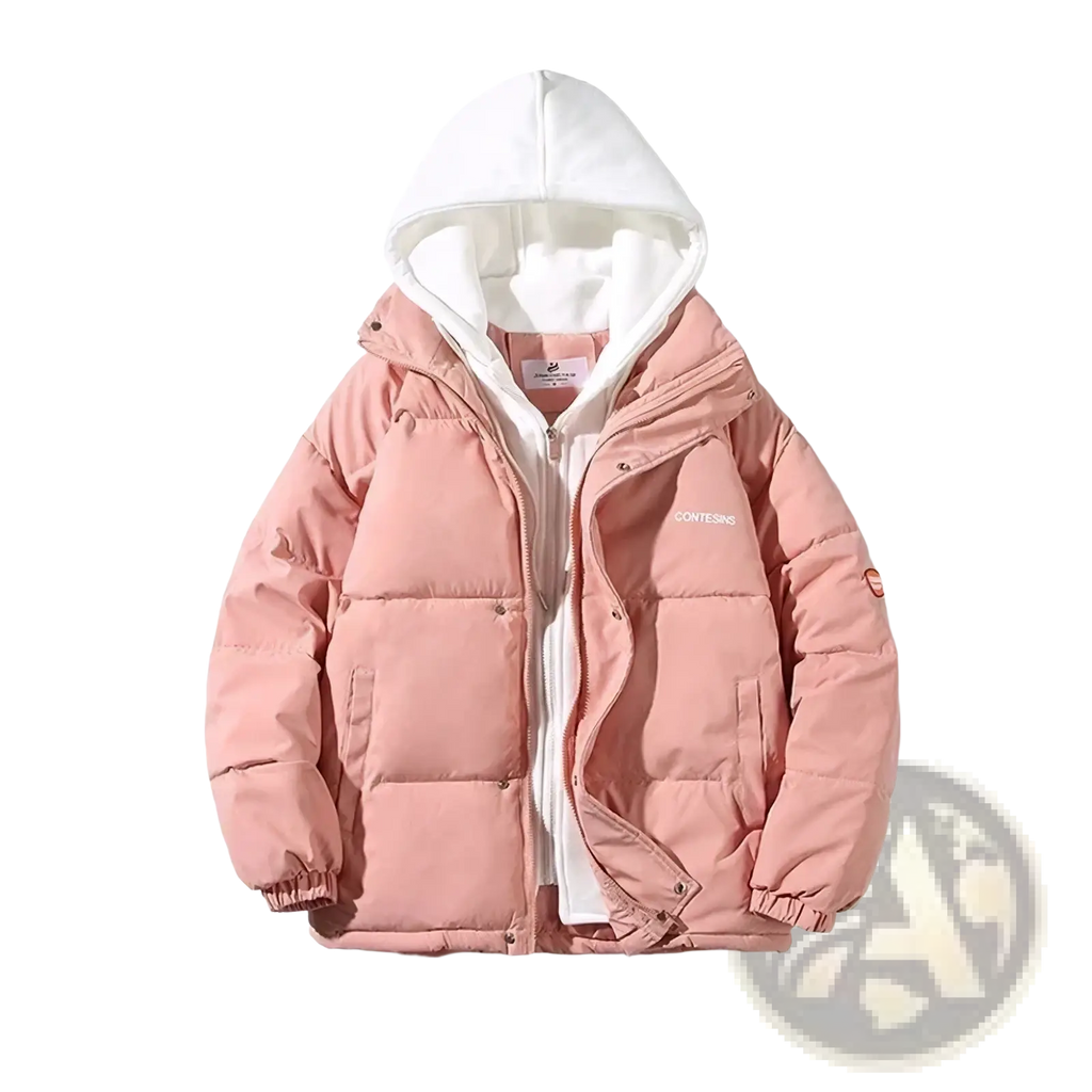 Women winter puffer jacket with hood in soft pink featuring quilted panels and white inner lining for casual wear
