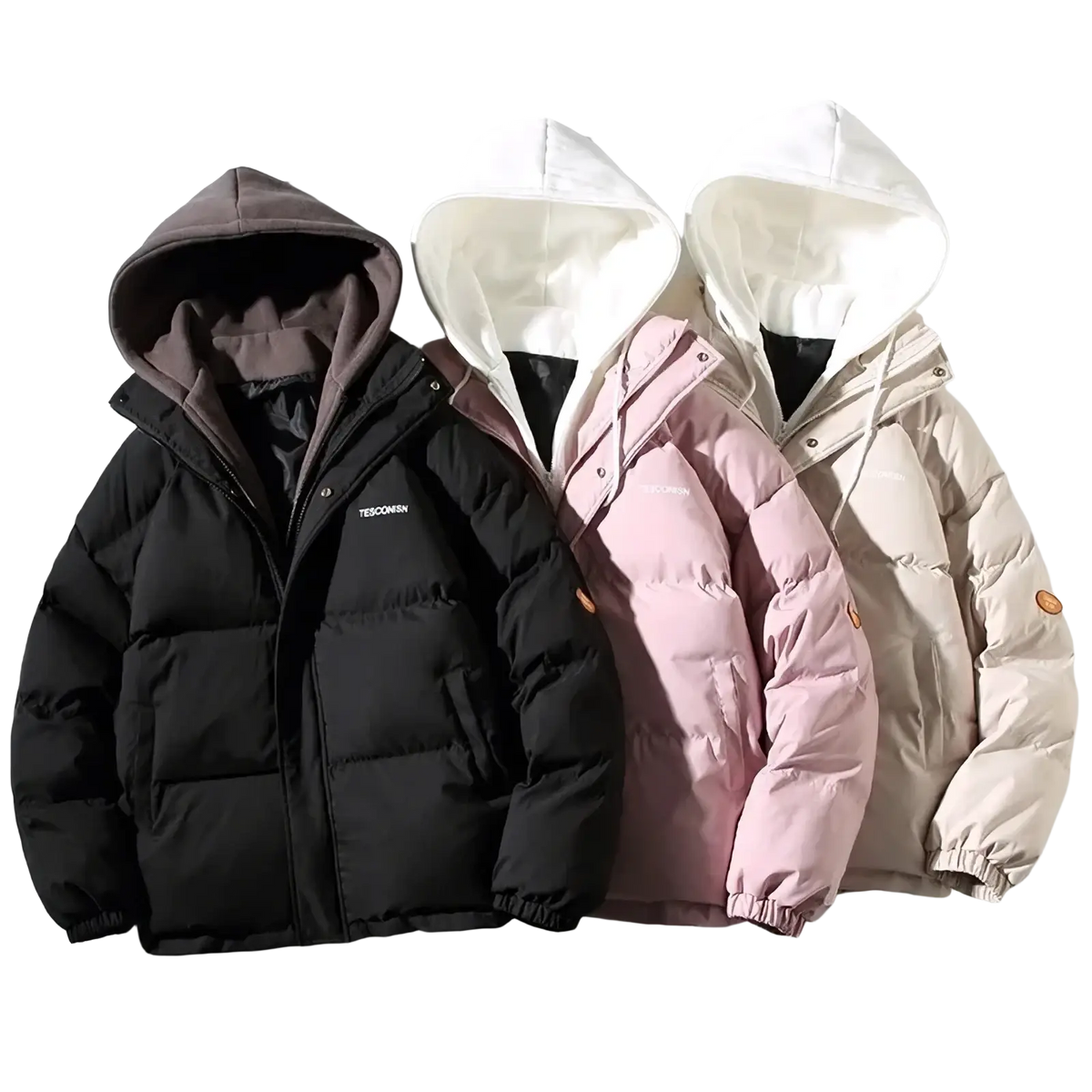 Women winter puffer jacket hooded casual coat in black pink and beige with contrasting hood linings for cold weather