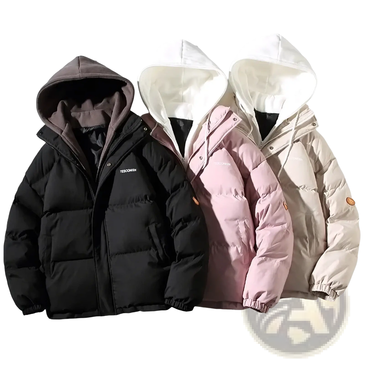Women winter puffer jacket hooded casual coat in black pink and beige with contrasting hood linings for cold weather