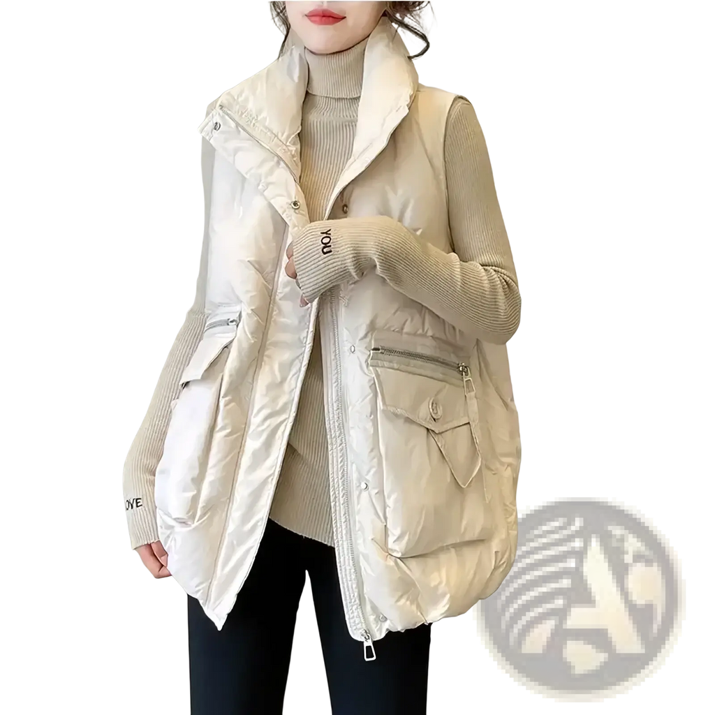 Cream-colored women winter puffer vest plus size with quilted long design, high collar, front zipper, and patch pockets