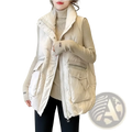 Cream-colored women winter puffer vest plus size with quilted long design, high collar, front zipper, and patch pockets