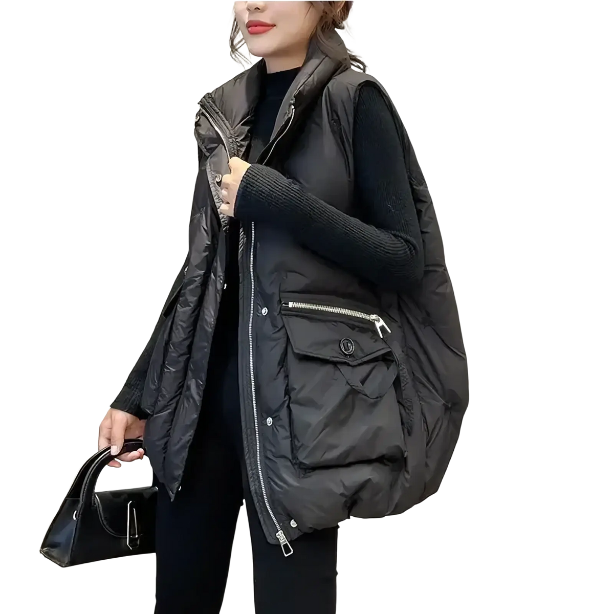 Black quilted puffer vest with hood, front zipper, and large side pockets for women winter plus size coat