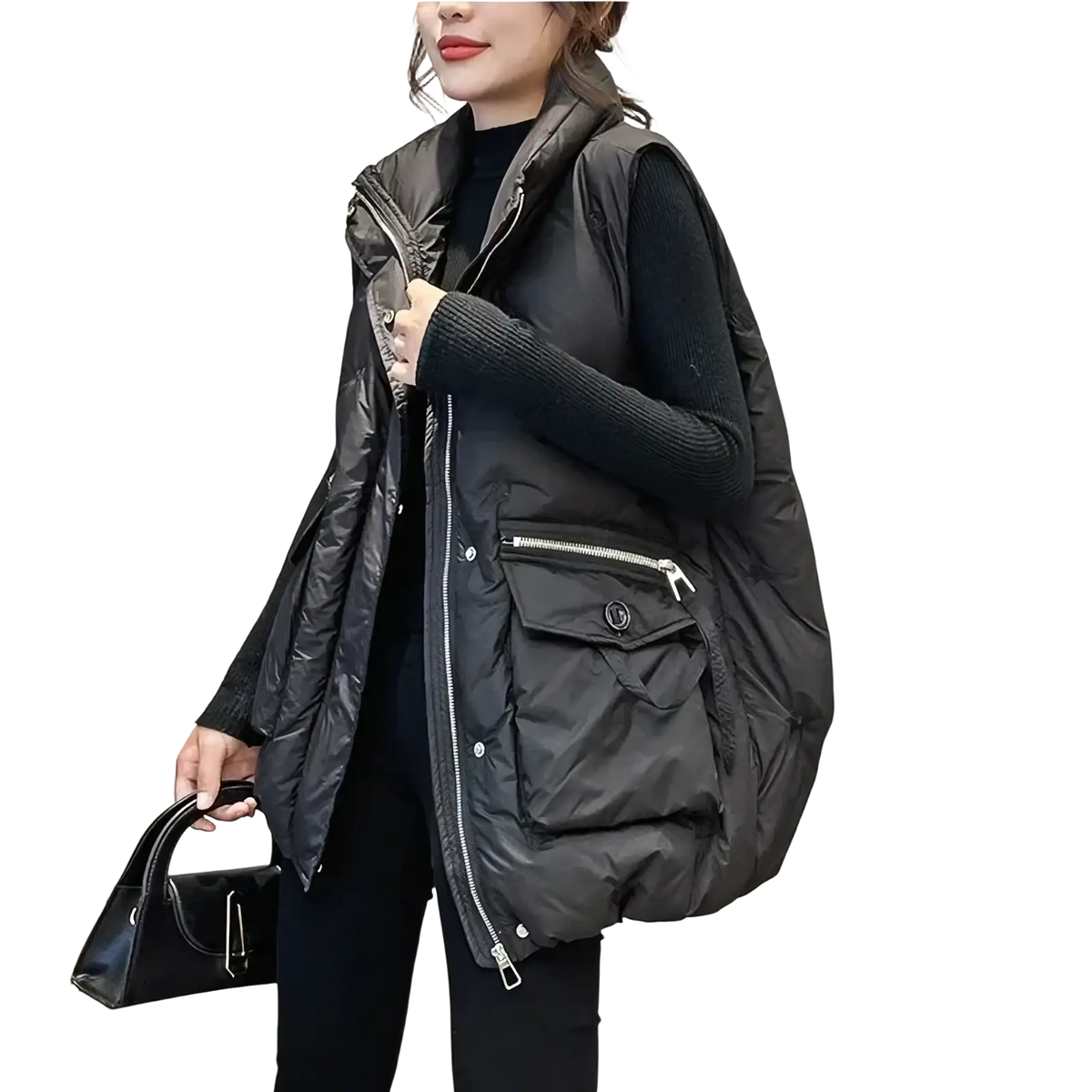 Black women winter puffer vest with quilted design and front zipper closure plus size long coat