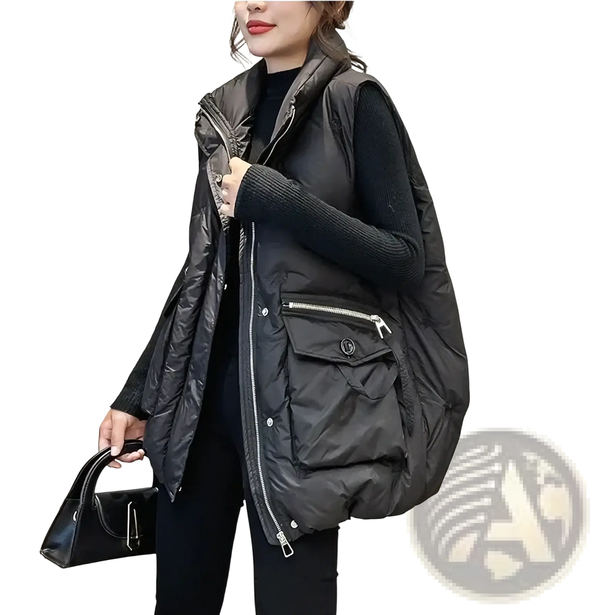 Black women winter puffer vest with quilted design and front zipper closure plus size long coat