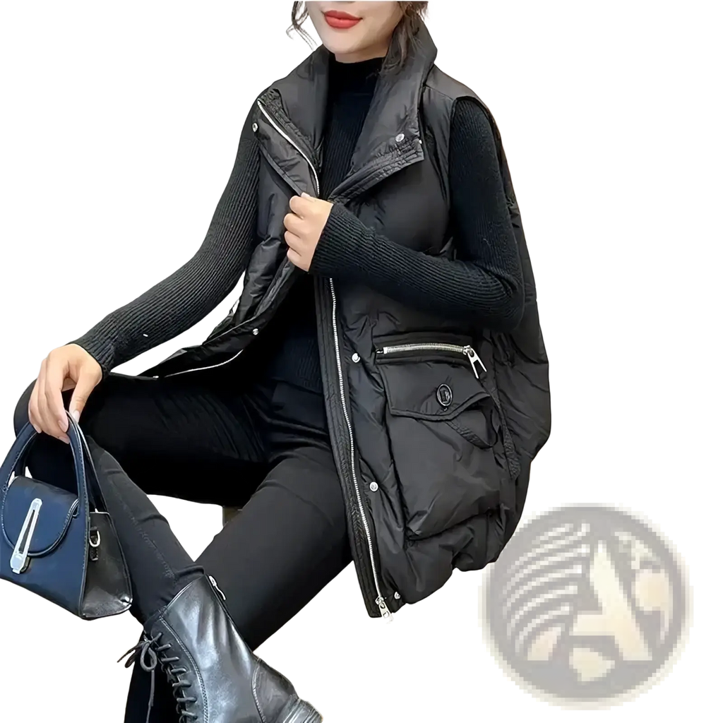 Women winter puffer vest plus size black quilted long coat with silver zippers and front pocket button detail