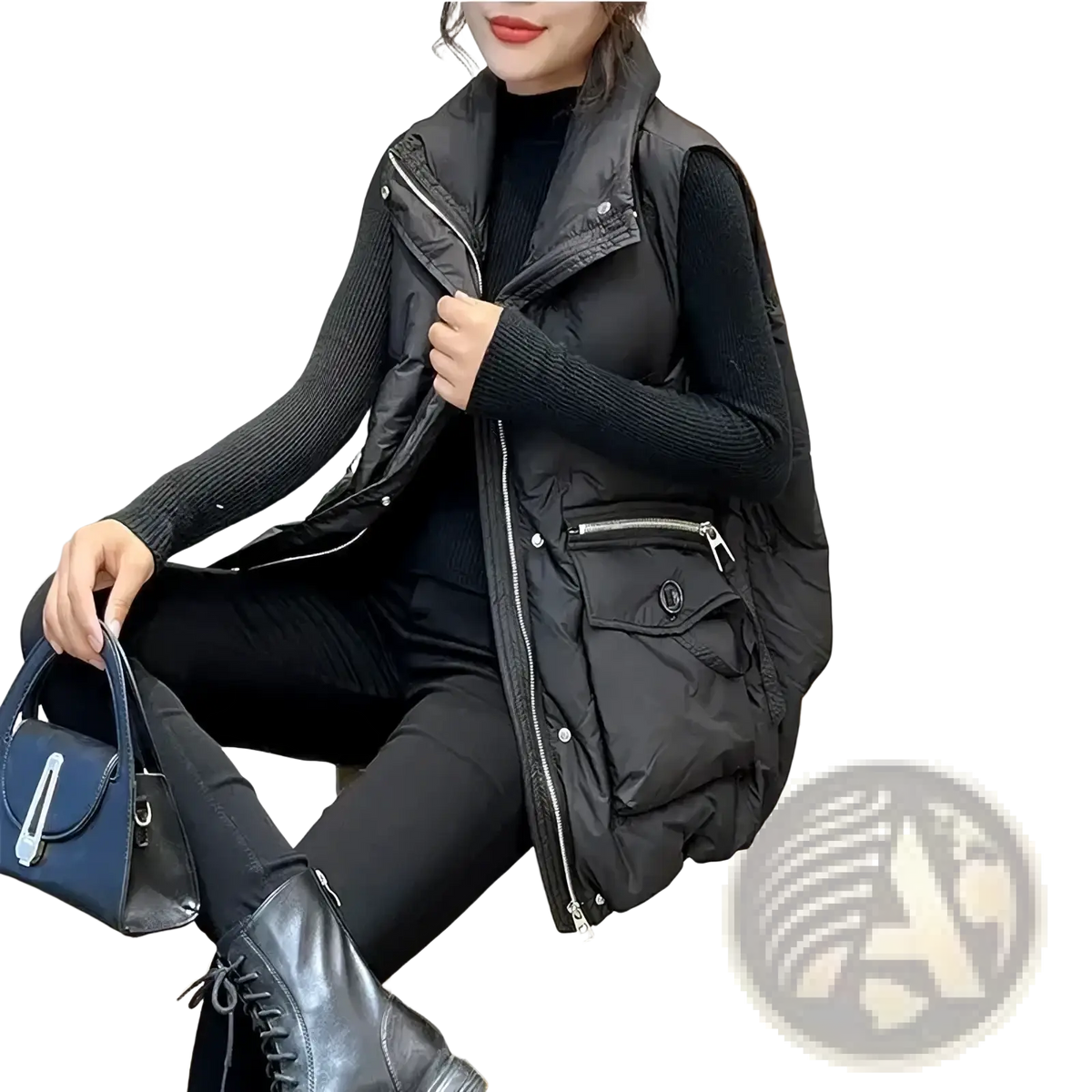 Women winter puffer vest plus size black quilted long coat with silver zippers and front pocket button detail
