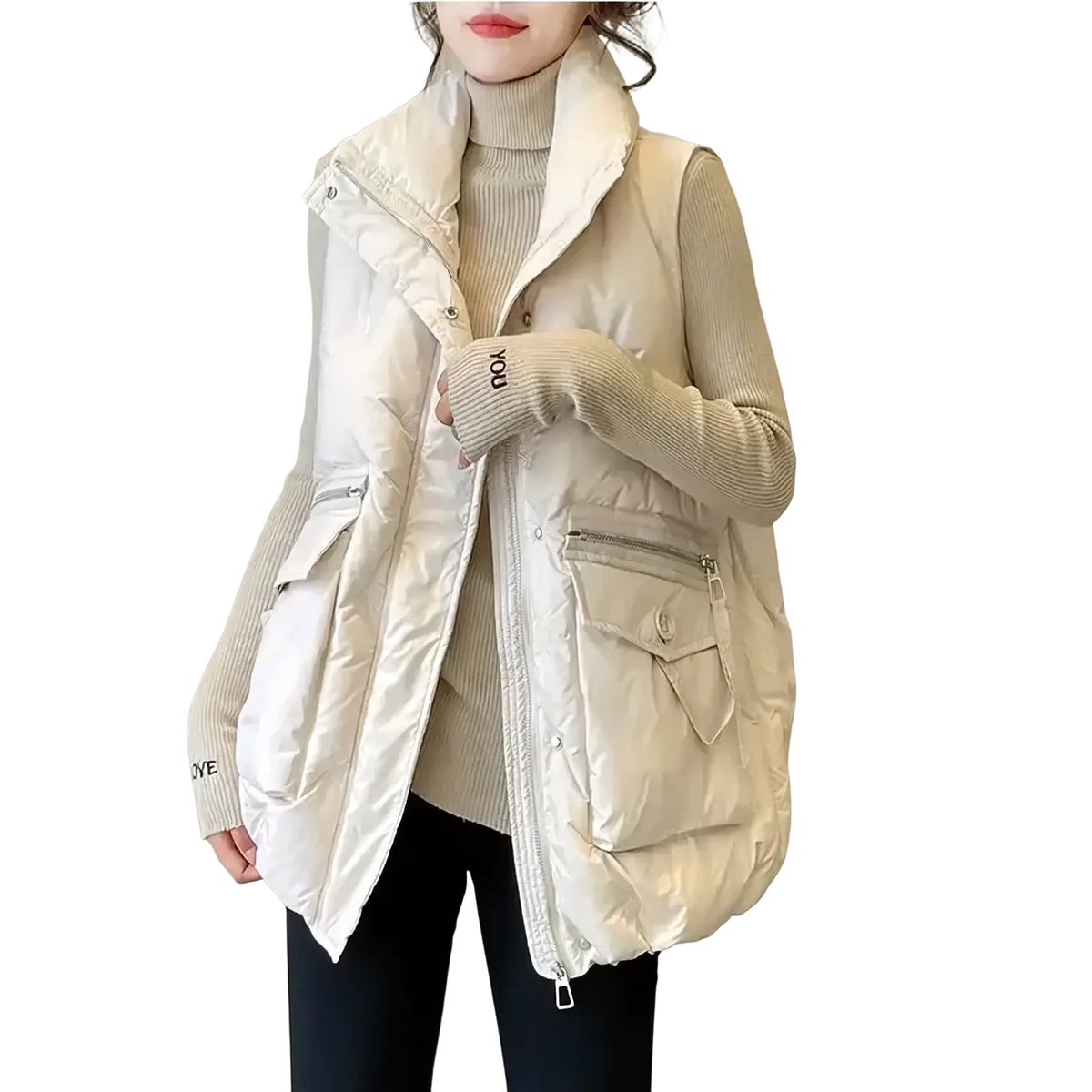 Cream-colored women winter puffer vest plus size with quilted long design, high collar, front zipper, and patch pockets