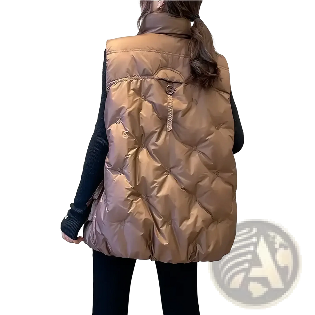 Women winter puffer vest plus size shiny tan quilted long coat with high collar and button closure