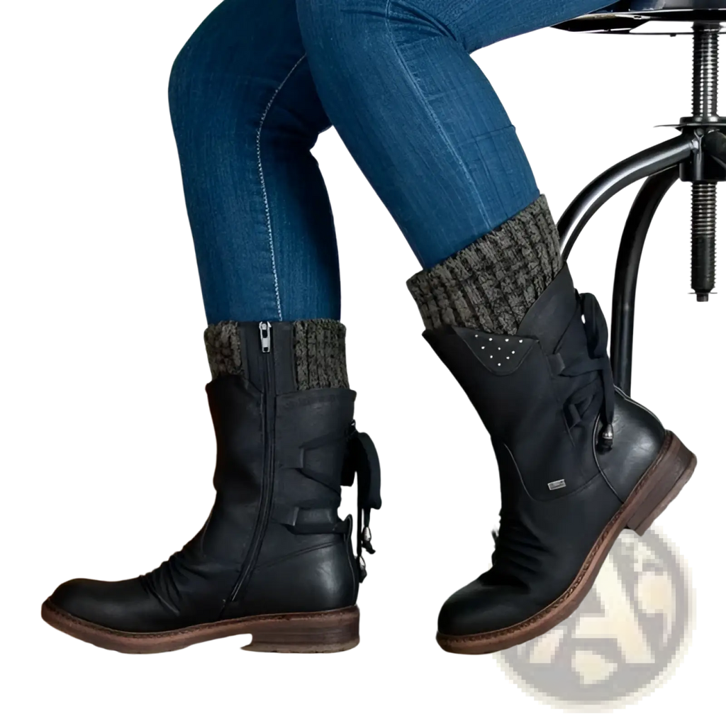 Black leather women winter snow boots with side zipper, decorative straps, knitted gray cuffs, and suede mid calf design