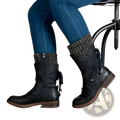 Black leather women winter snow boots with side zipper, decorative straps, knitted gray cuffs, and suede mid calf design