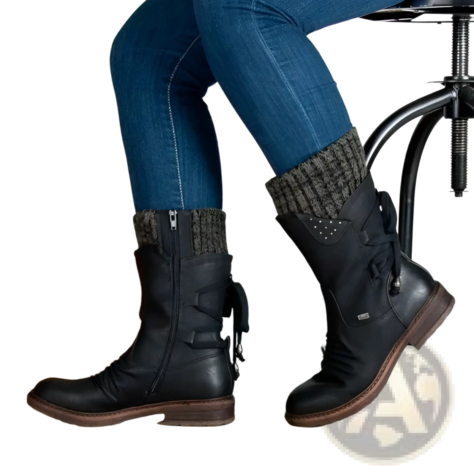 Black leather women winter snow boots with side zipper, decorative straps, knitted gray cuffs, and suede mid calf design