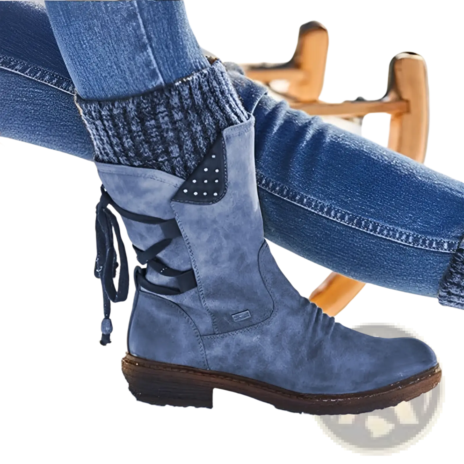 Blue suede mid calf women winter snow boot with black lace up and decorative perforated side panel
