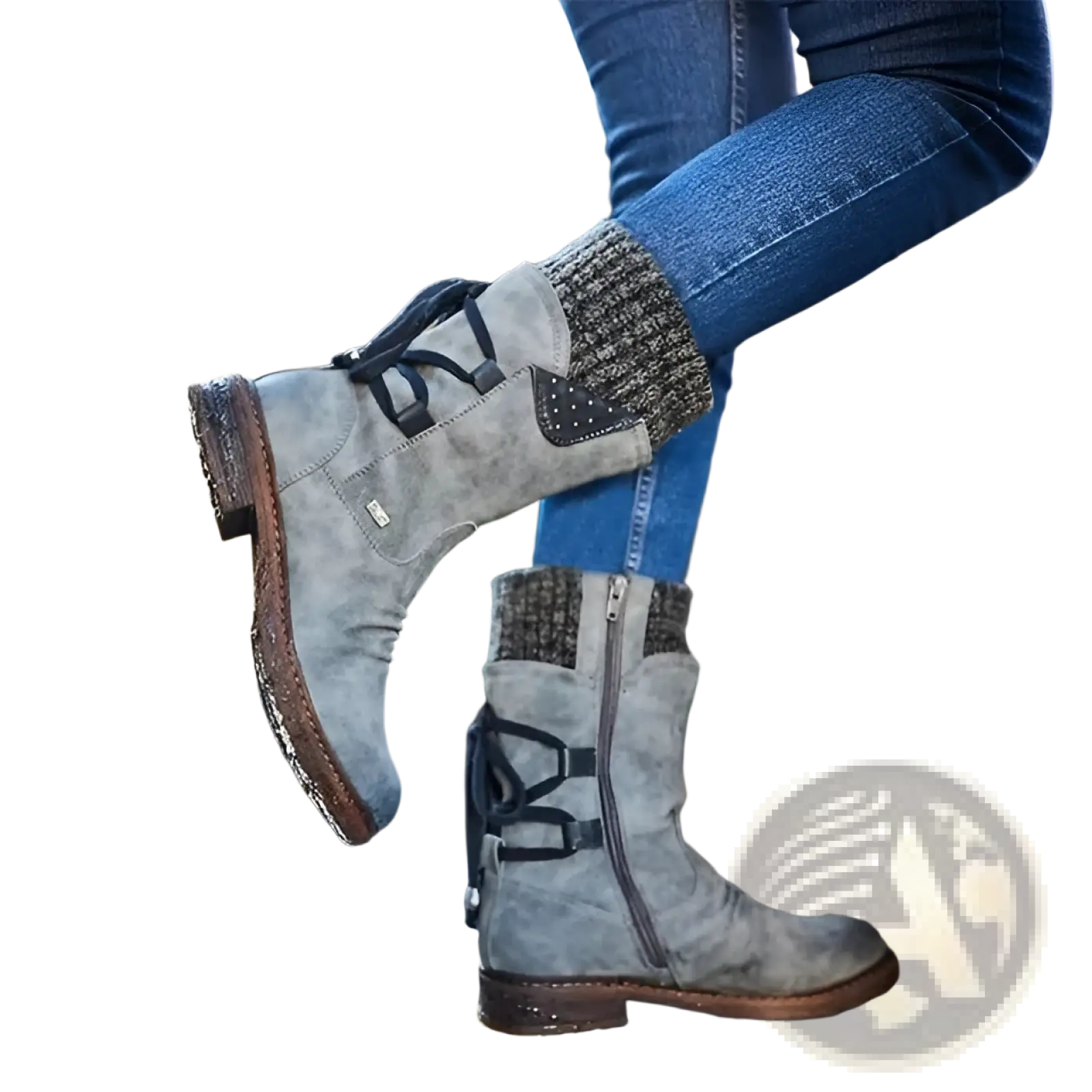 Gray suede women winter snow boots with black laces and knitted cuff detail mid calf martin shoes