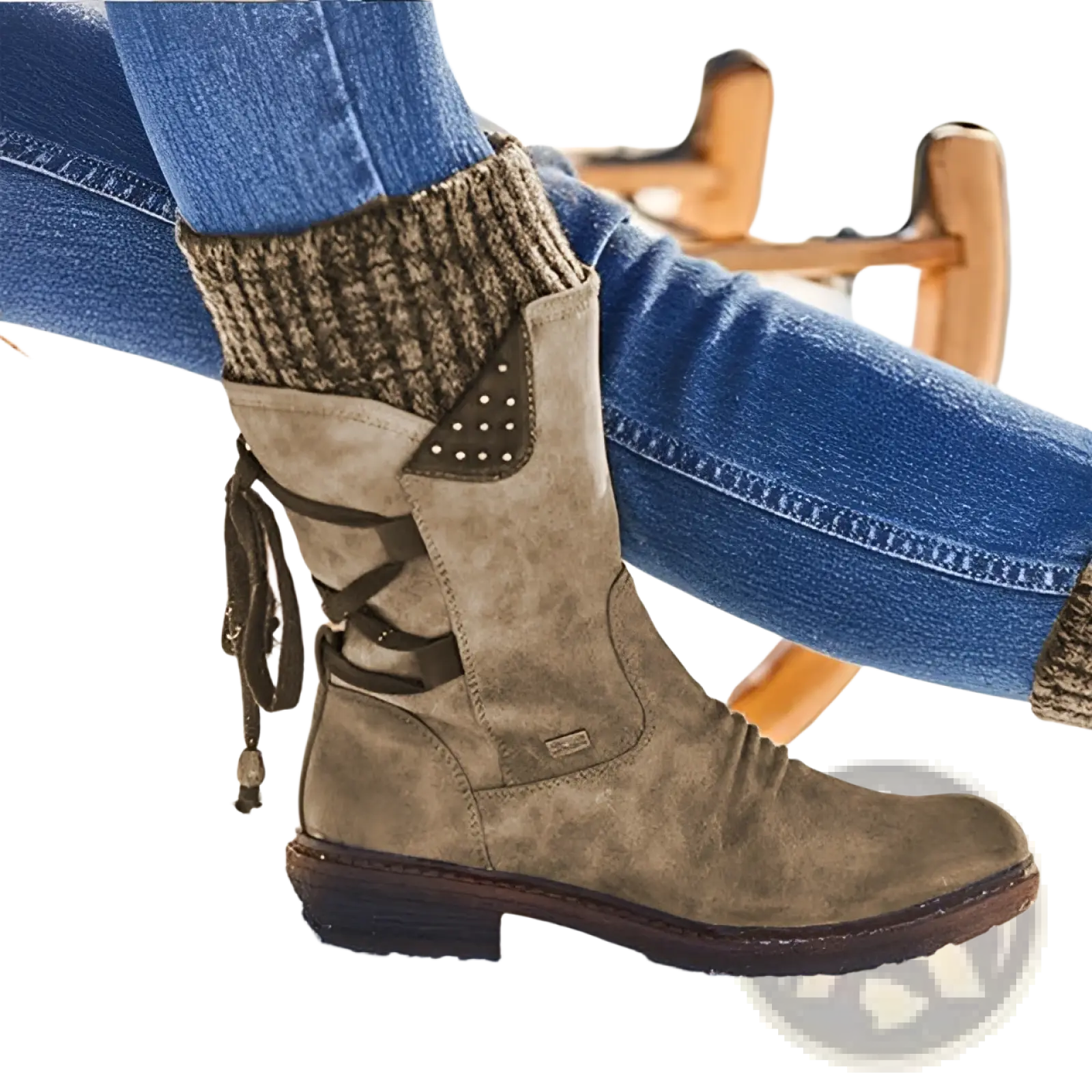 Women winter snow boots suede mid calf martin shoes in olive with black laces and silver stud decorative panel