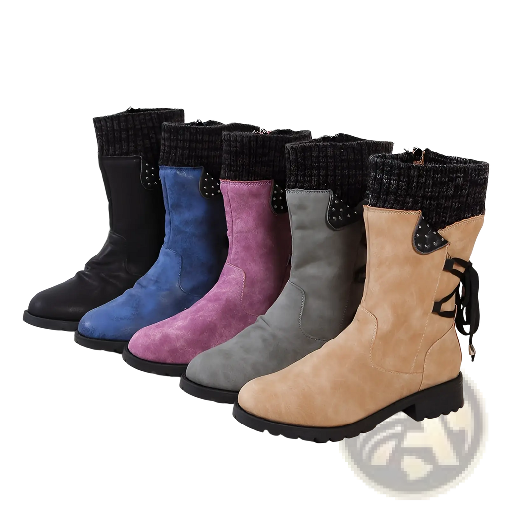 Beige suede women winter snow boots with knitted black cuff and decorative studs mid calf martin shoes
