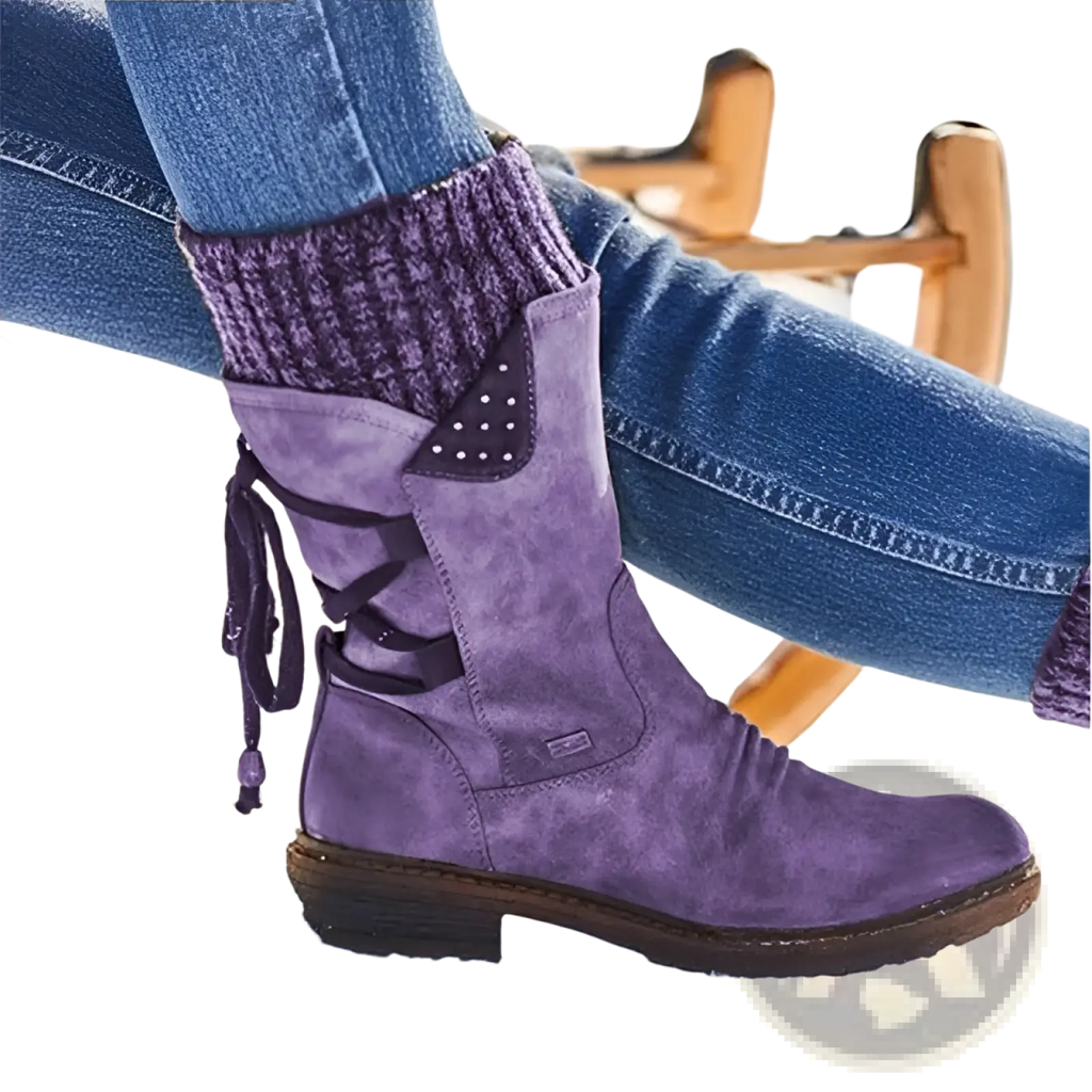 Purple suede women winter snow ankle boot with black laces and decorative studs for mid calf martin style shoes