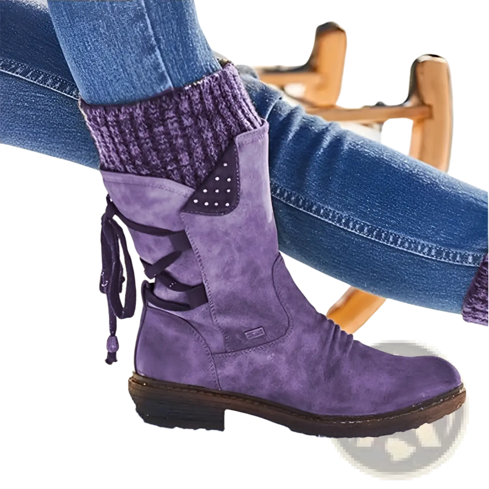 Purple suede women winter snow ankle boot with black laces and decorative studs for mid calf martin style shoes