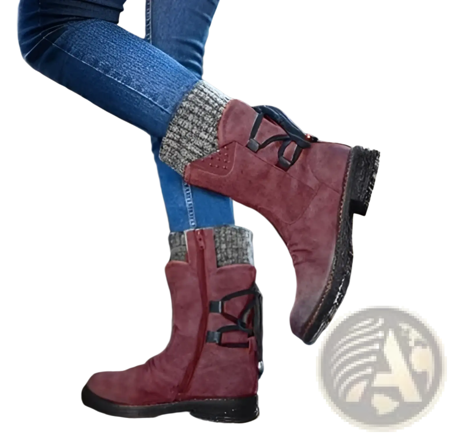 Women winter snow boots maroon suede ankle boots with black lace-up straps and chunky rubber sole