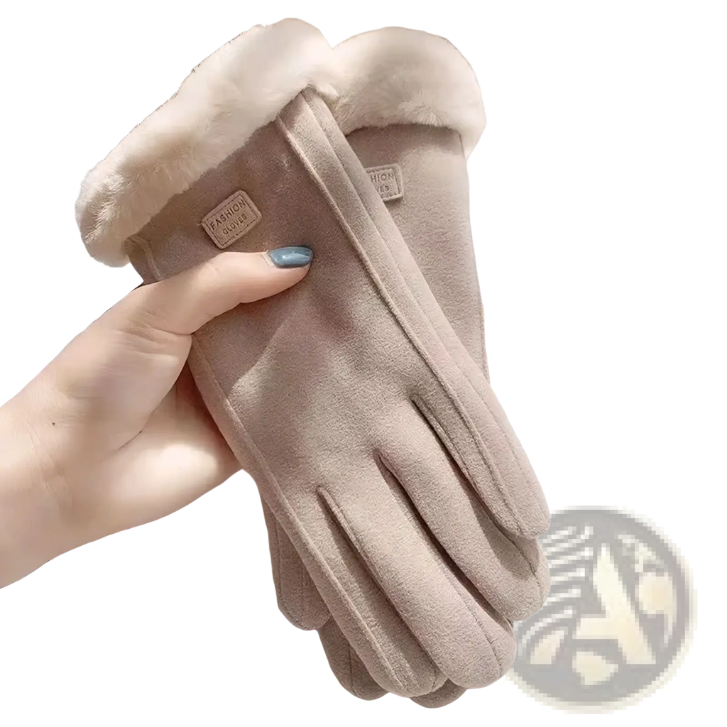 Beige suede women winter touch screen warm gloves with plush white fur lining and fashion queen label on the wrist back side