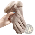 Beige suede women winter touch screen warm gloves with plush white fur lining and fashion queen label on the wrist back side