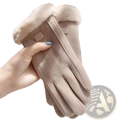 Beige suede women winter touch screen warm gloves with plush white fur lining and fashion queen label on the wrist back side
