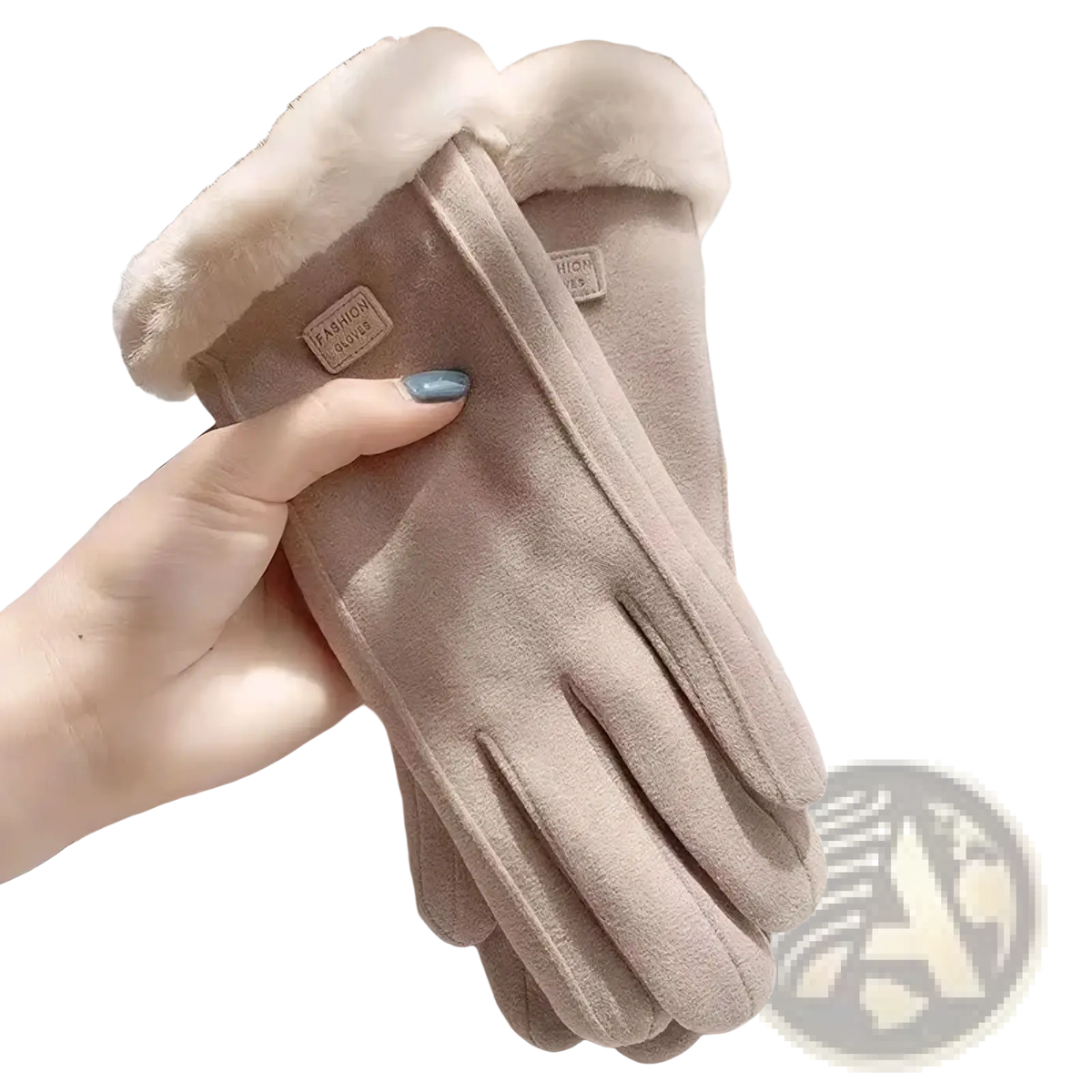 Beige suede women winter touch screen warm gloves with plush white fur lining and fashion queen label on the wrist back side