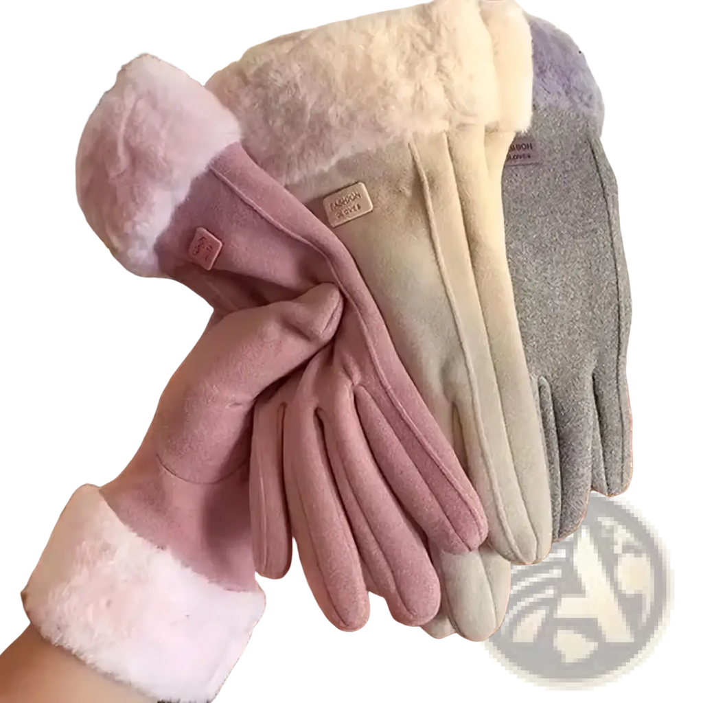 Women winter touch screen warm gloves in soft pink and gray fleece with plush white fur trim for cold weather use