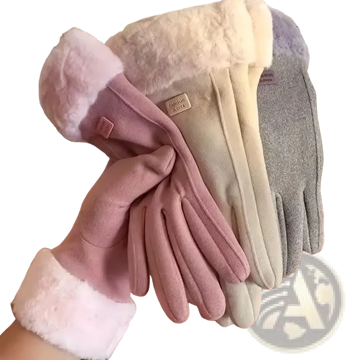 Women winter touch screen warm gloves in soft pink and gray fleece with plush white fur trim for cold weather use