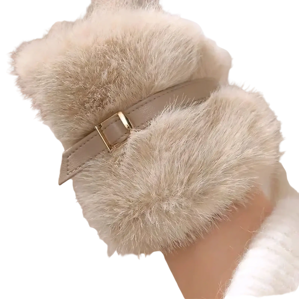 Beige faux fur wrist cuff with matching leather strap and gold-tone buckle on women winter touchscreen gloves fleece lined suede