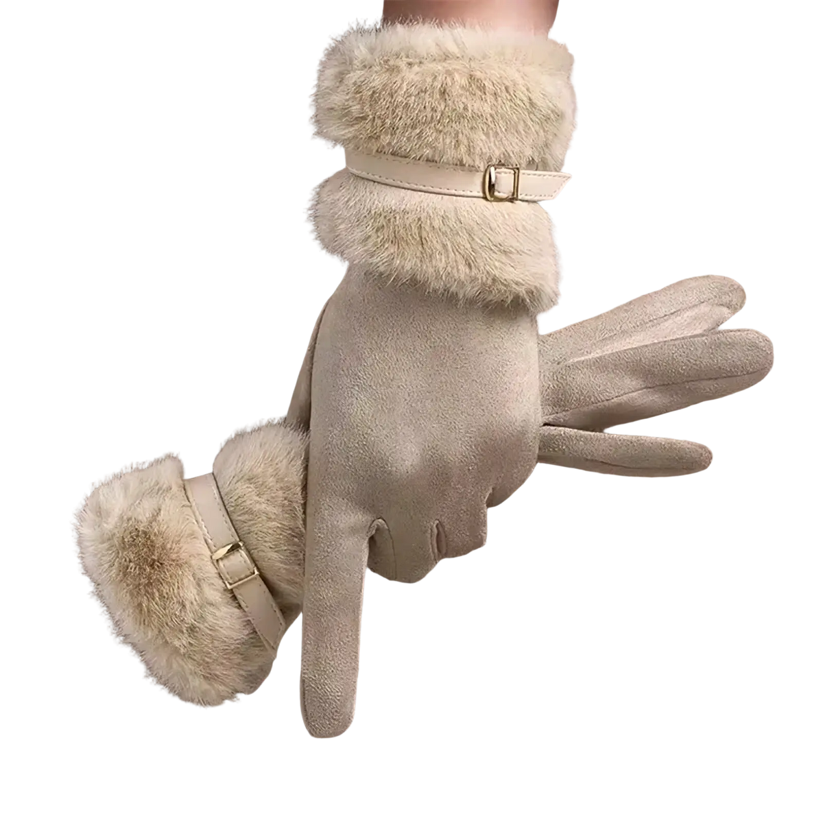 Women winter touchscreen gloves beige faux fur lined with suede main body and adjustable strap buckles shown from back side