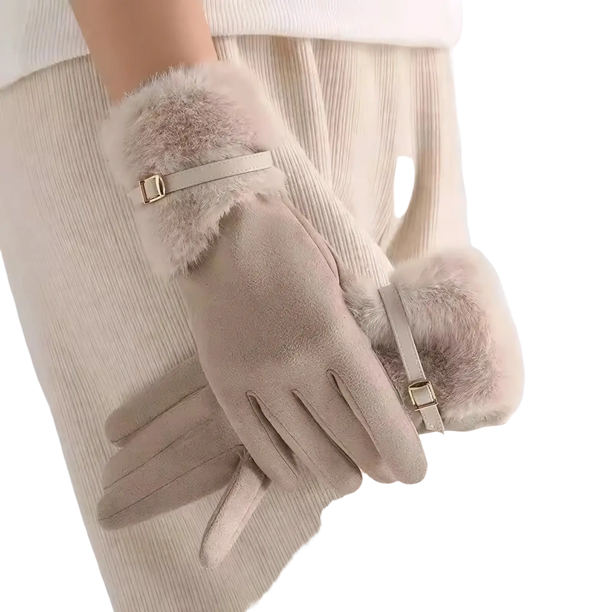 Beige women winter touchscreen gloves with fleece lining, suede exterior, and gold-tone buckle straps shown from the back