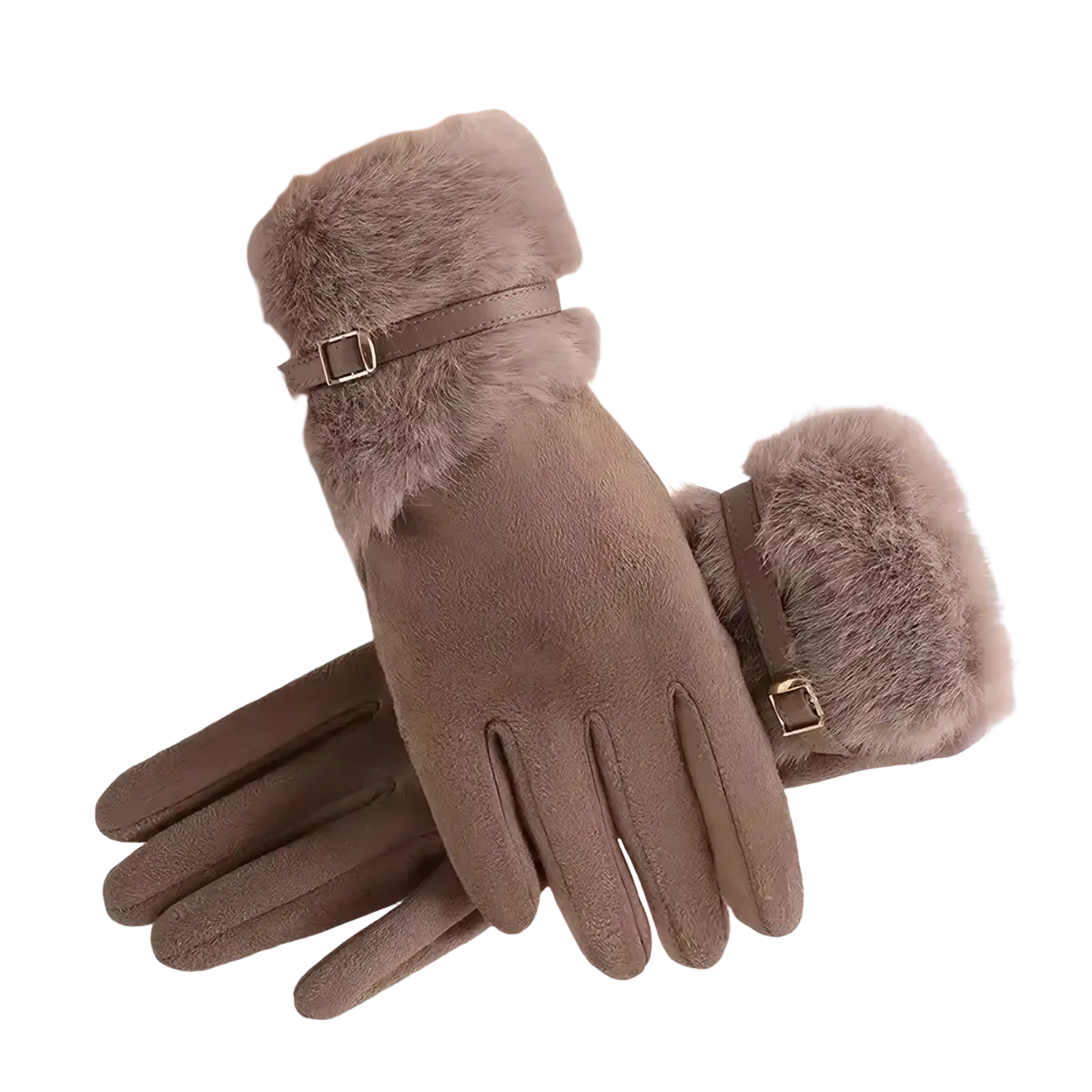 Beige women’s winter touchscreen gloves with fleece lining, suede body, faux fur trim, and gold-tone buckle accents