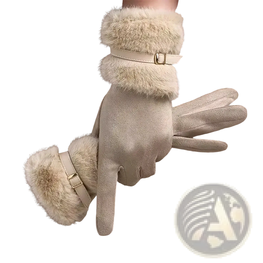 Women winter touchscreen gloves beige faux fur lined with suede main body and adjustable strap buckles shown from back side